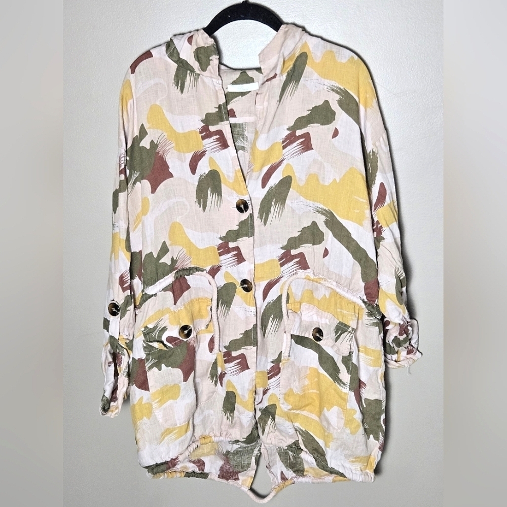 Baci Made In Italy 100% Linen Hooded Camo Safari Style Jacket, Large